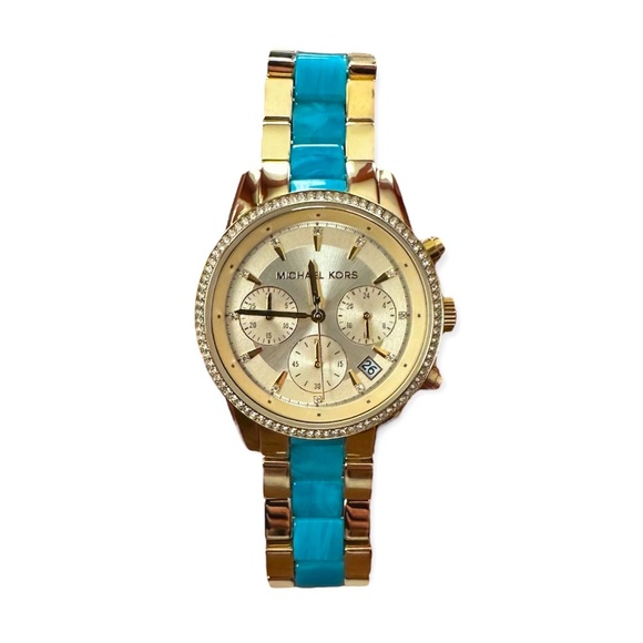 Michael Kors Accessories - Michael Kors gold and blue chronograph crystal halo watch